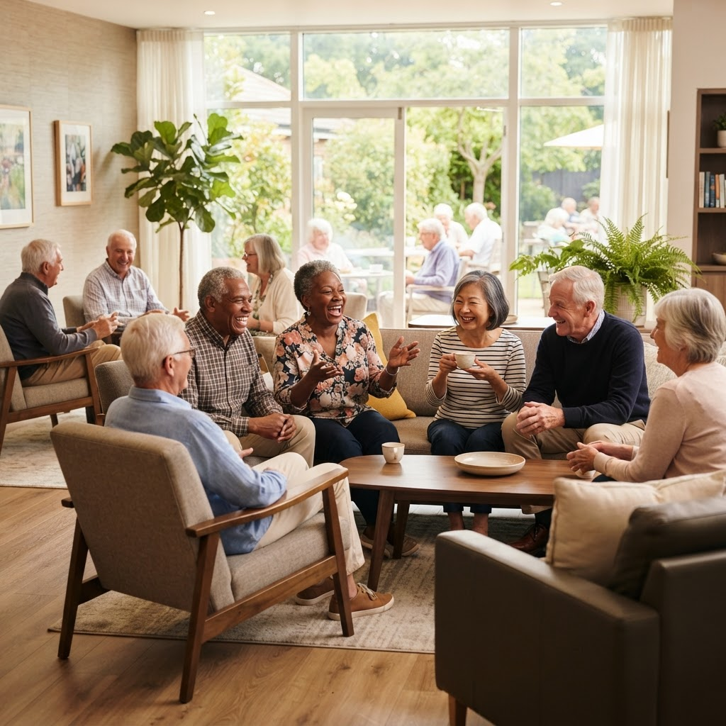 Happy seniors socializing together at a retirement center